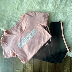 Adidas Cute Athletic Outfit. Black Pants with Pink Stripe. Light pink shirt.